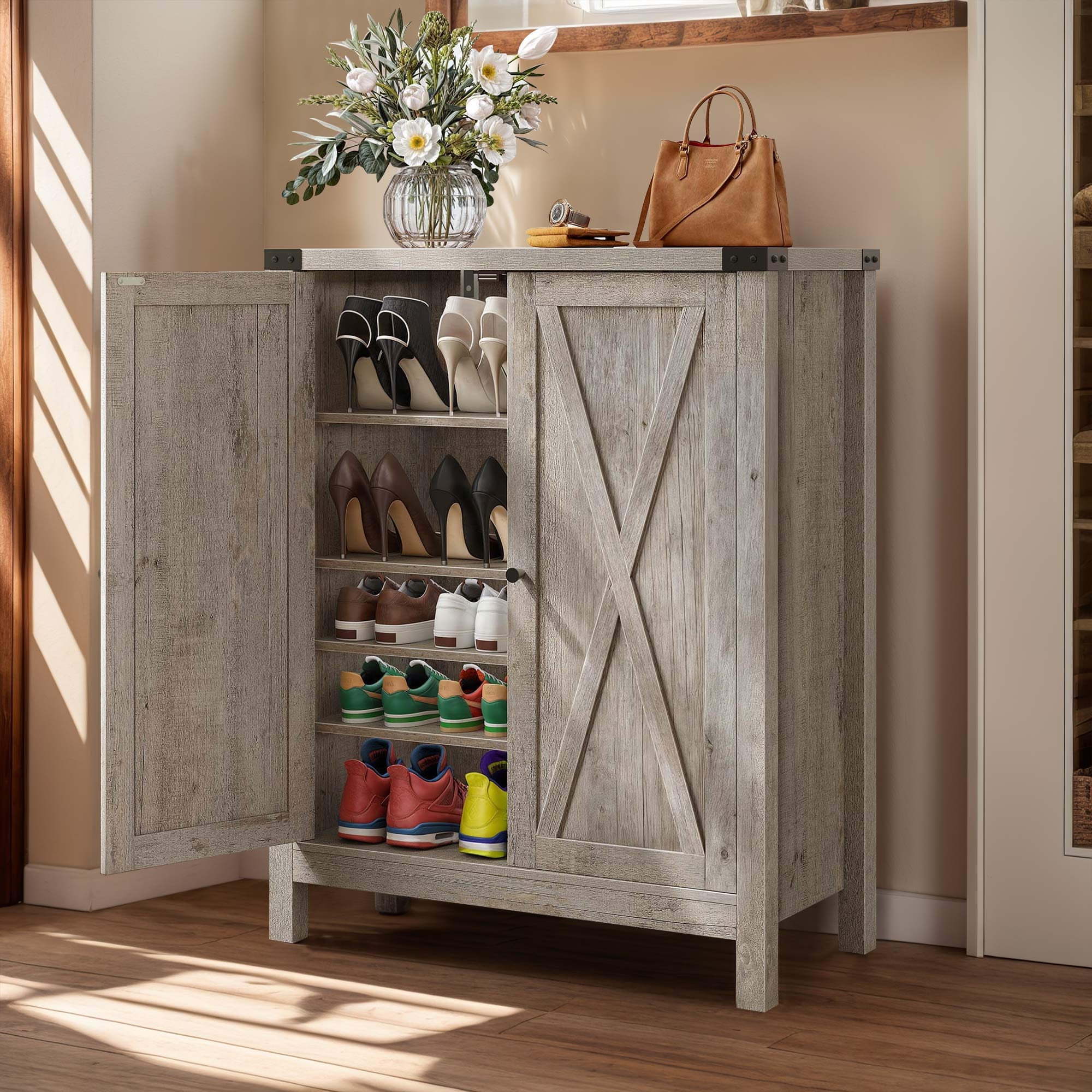 Farmhouse Shoe Cabinet with Barn Doors, 5-Tier Wood Shoe Storage Rack Organizer for Entryway/Hallway/Closet, Old Oak