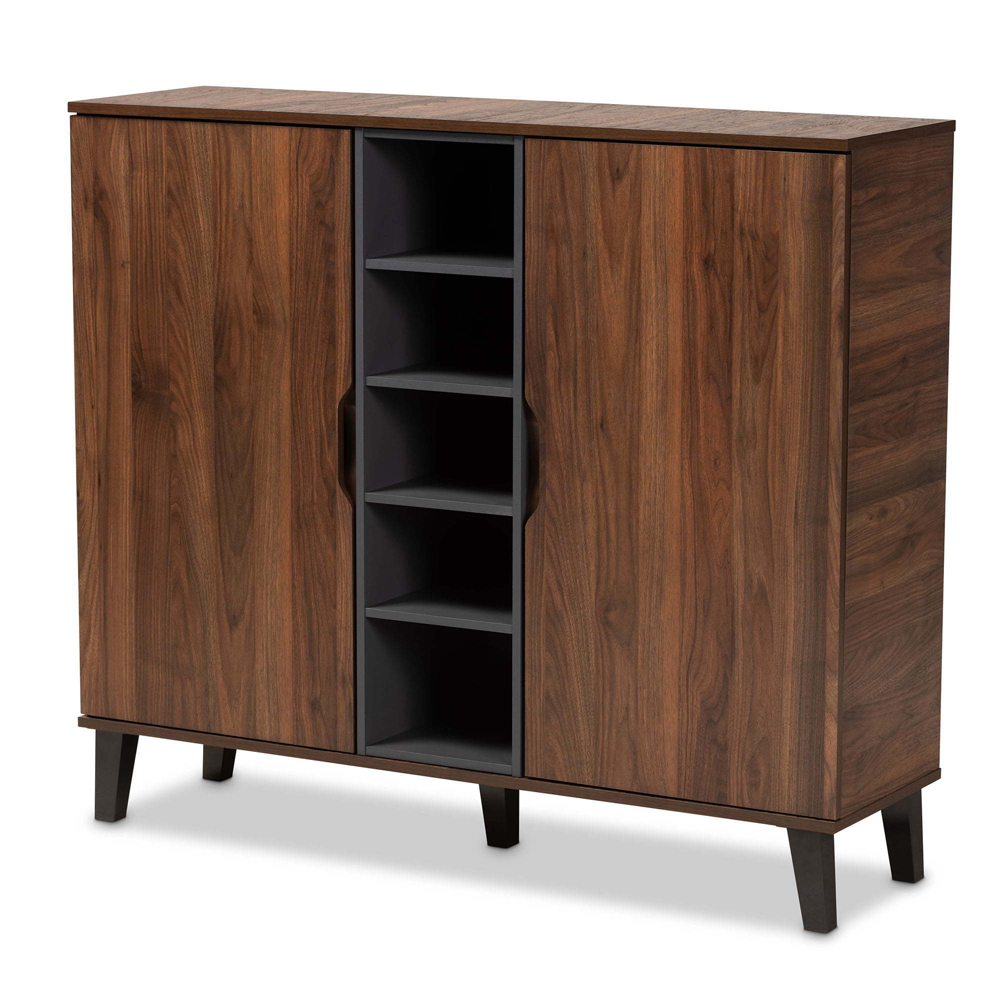 Mid-Century Modern Two-Tone Walnut Brown and Grey Finished Wood 2-Door Shoe Cabinet