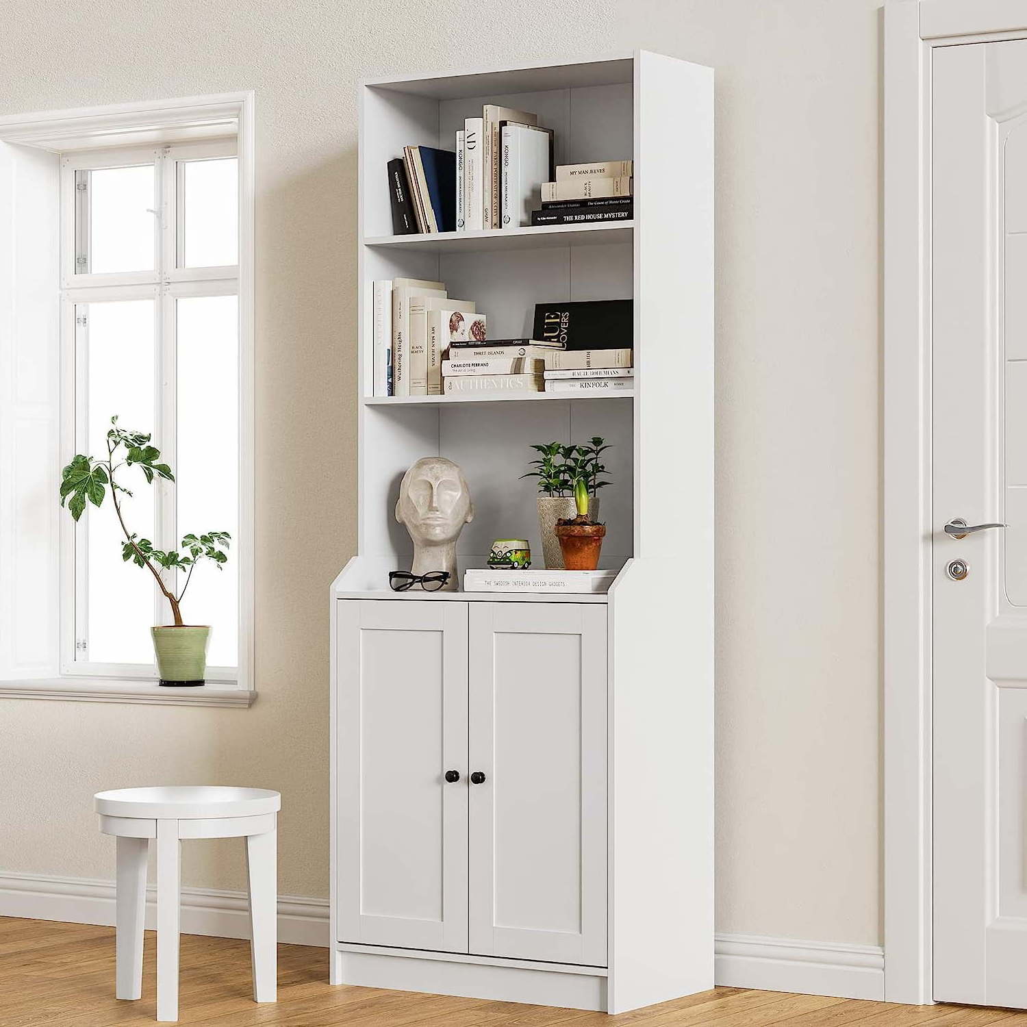 White Bookshelf with Doors, Tall Bookcase with 3-Tier Open Shelves for Bedroom living room