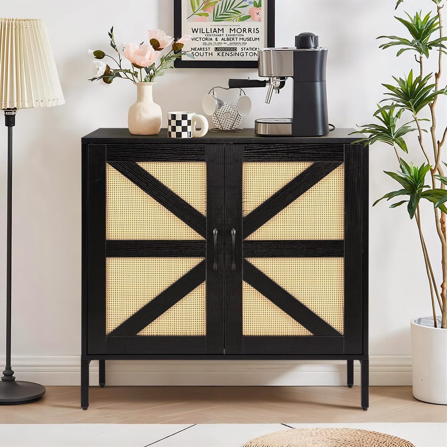 Factory best-selling living room furniture with adjustable shelves, black rattan double door cabinet