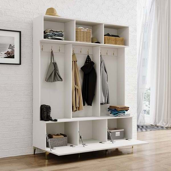 Hall Tree with Bench White Shoe Storage with 9 Hooks & 3 Doors & Open Storage