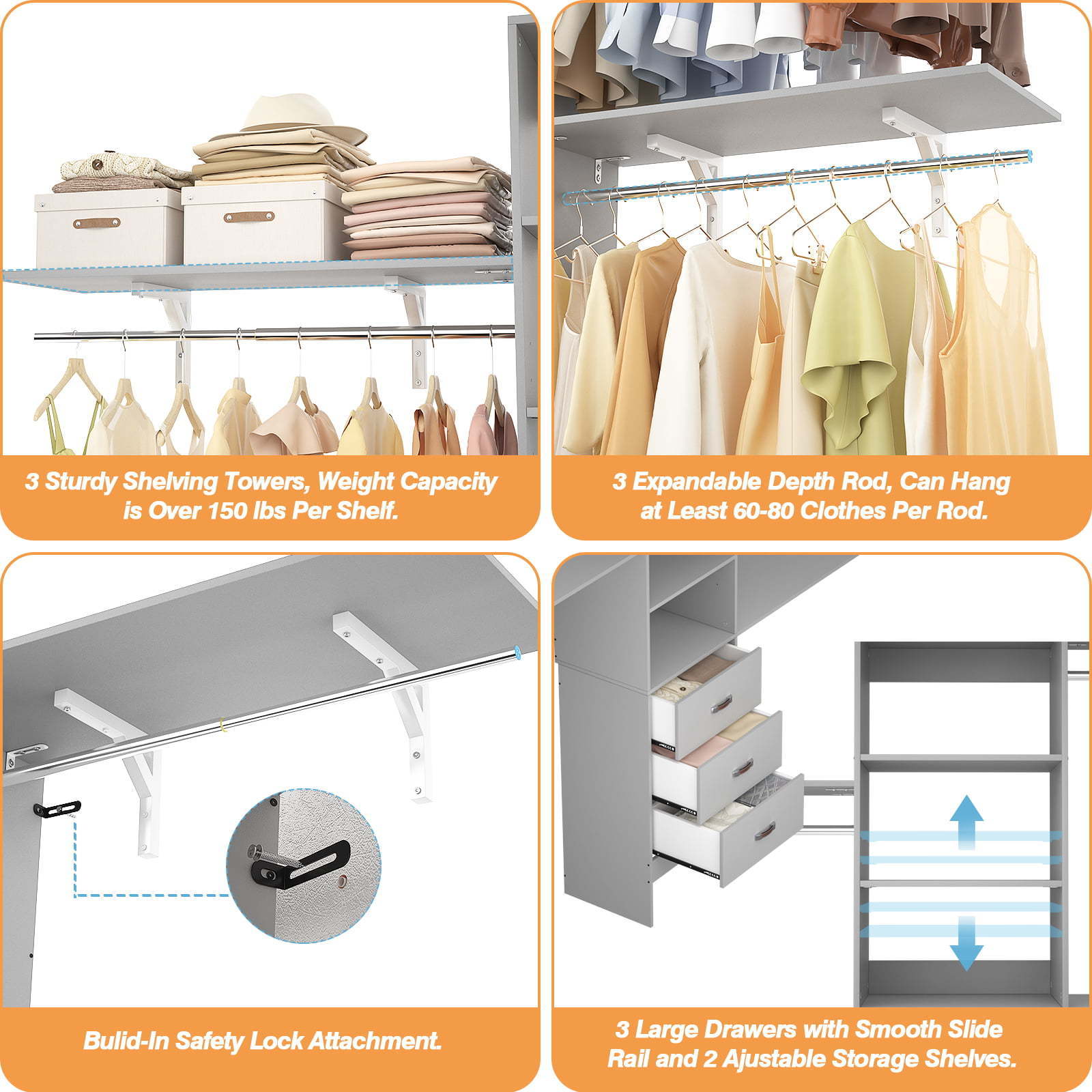 Closet Organizer Closet System Large Garment Rack with Shelves Expandable Hanging Rod and Drawers