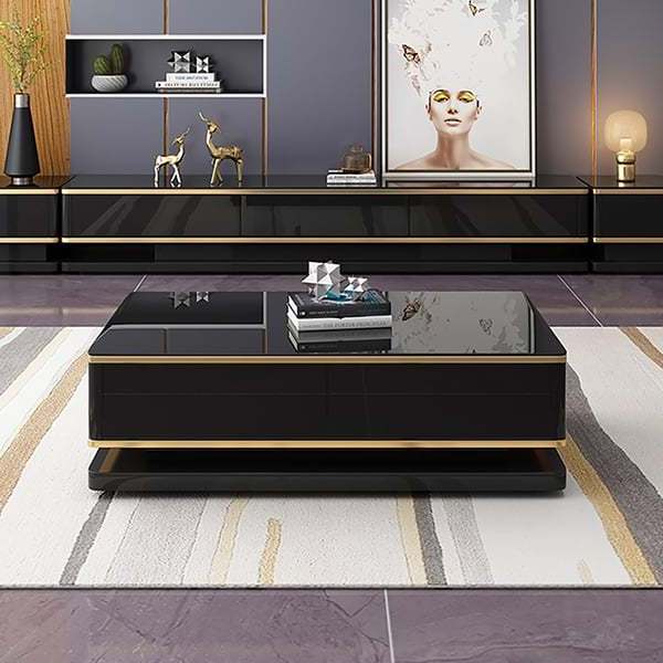 Luxury Sofa Set Furniture Living Room Black Rectangular Coffee Table With Storage 4 Drawers Tempered Glass Top Centre Table