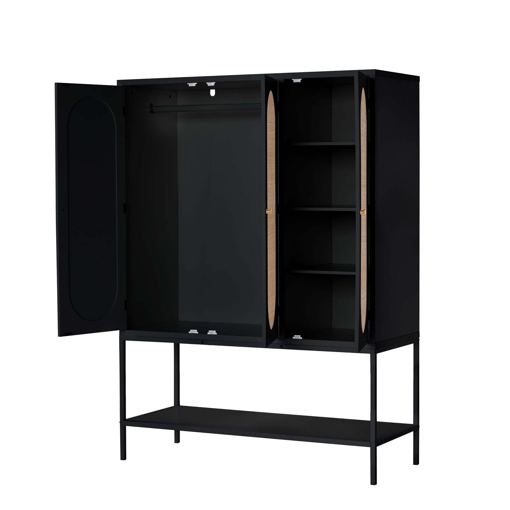 e Wardrobe Closet with 3 Rattan Doors and Shelves Wooden Closet Organizers and Storage Shelves with Hanger Rod Black