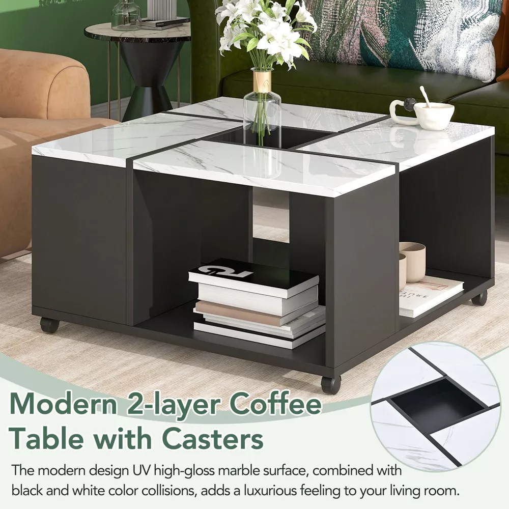 High-gloss Marble Coffee Table, Square Cocktail Table with Casters, White+Black