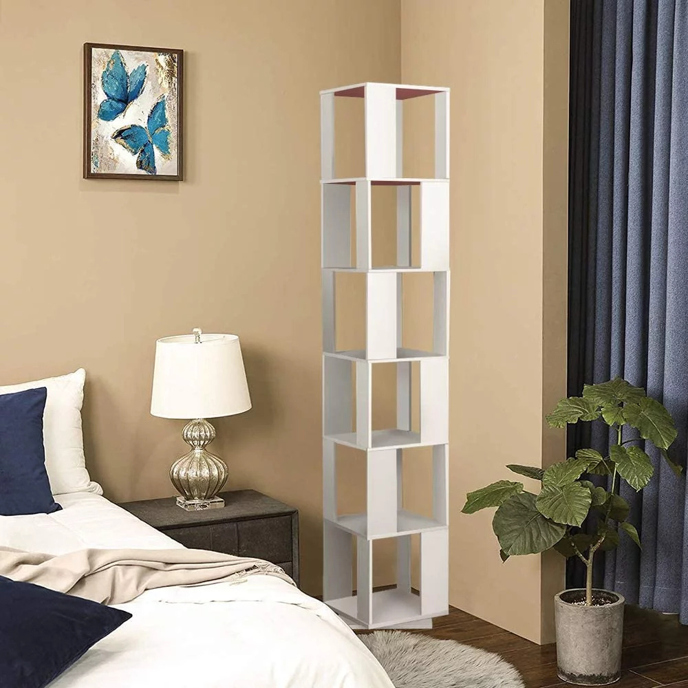 White Bookshelves 6 Tier Bookcase 360 Rotating Bookshelves Open Storage Free Standing Revolving Bookcase Swivel Bookshelf