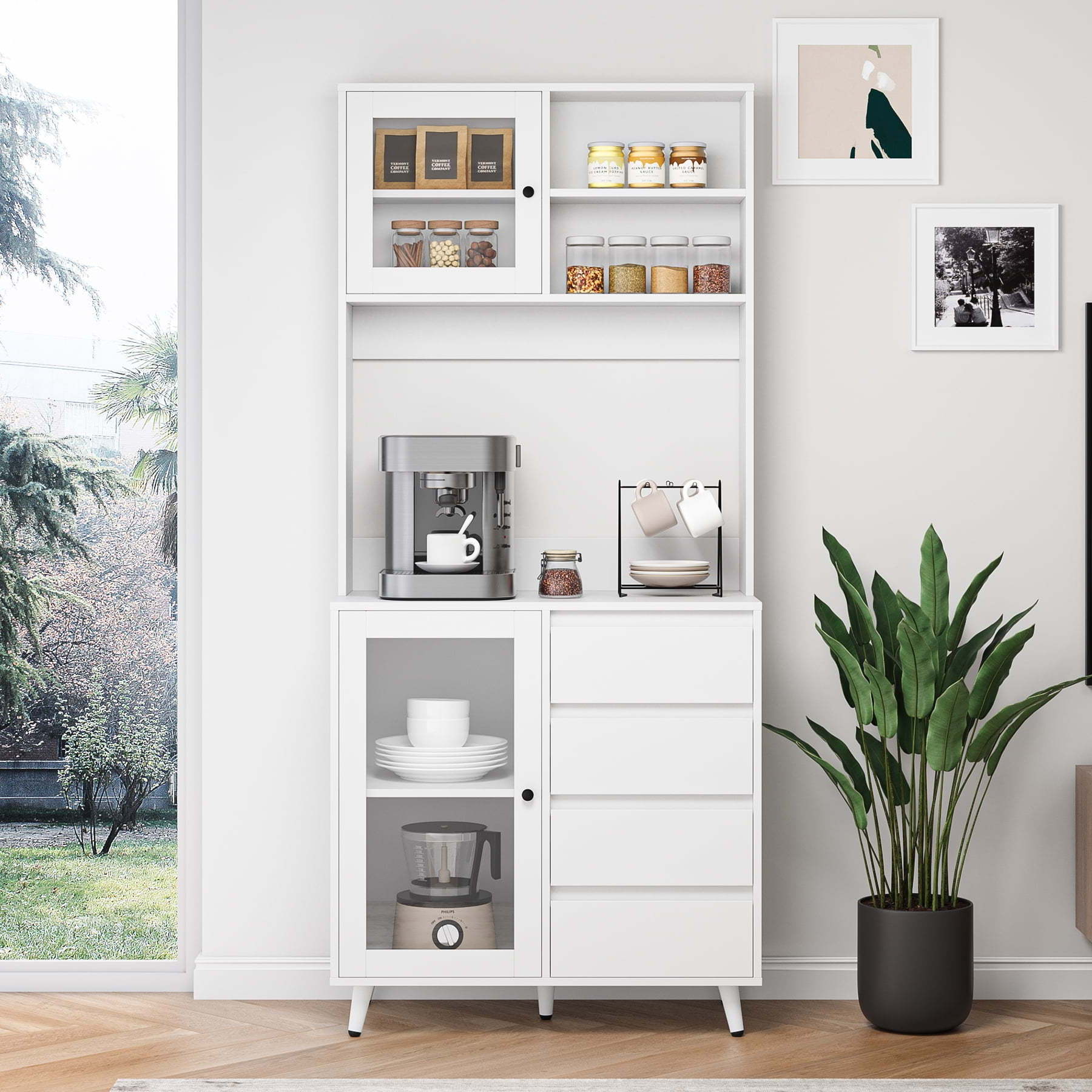 Kitchen Pantry Cabinet with Tempered Glass Doors, Large Countertop Microwave Storage Cabinet with 2 Adjustable Shelves