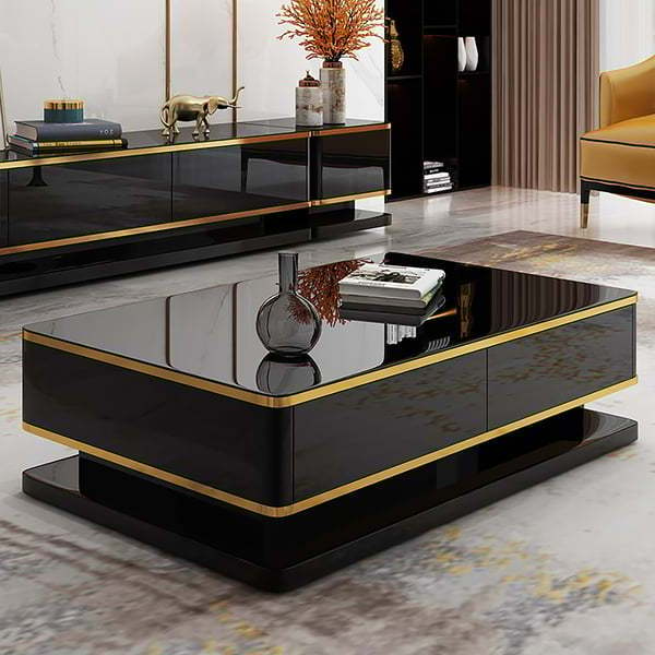 Luxury Sofa Set Furniture Living Room Black Rectangular Coffee Table With Storage 4 Drawers Tempered Glass Top Centre Table