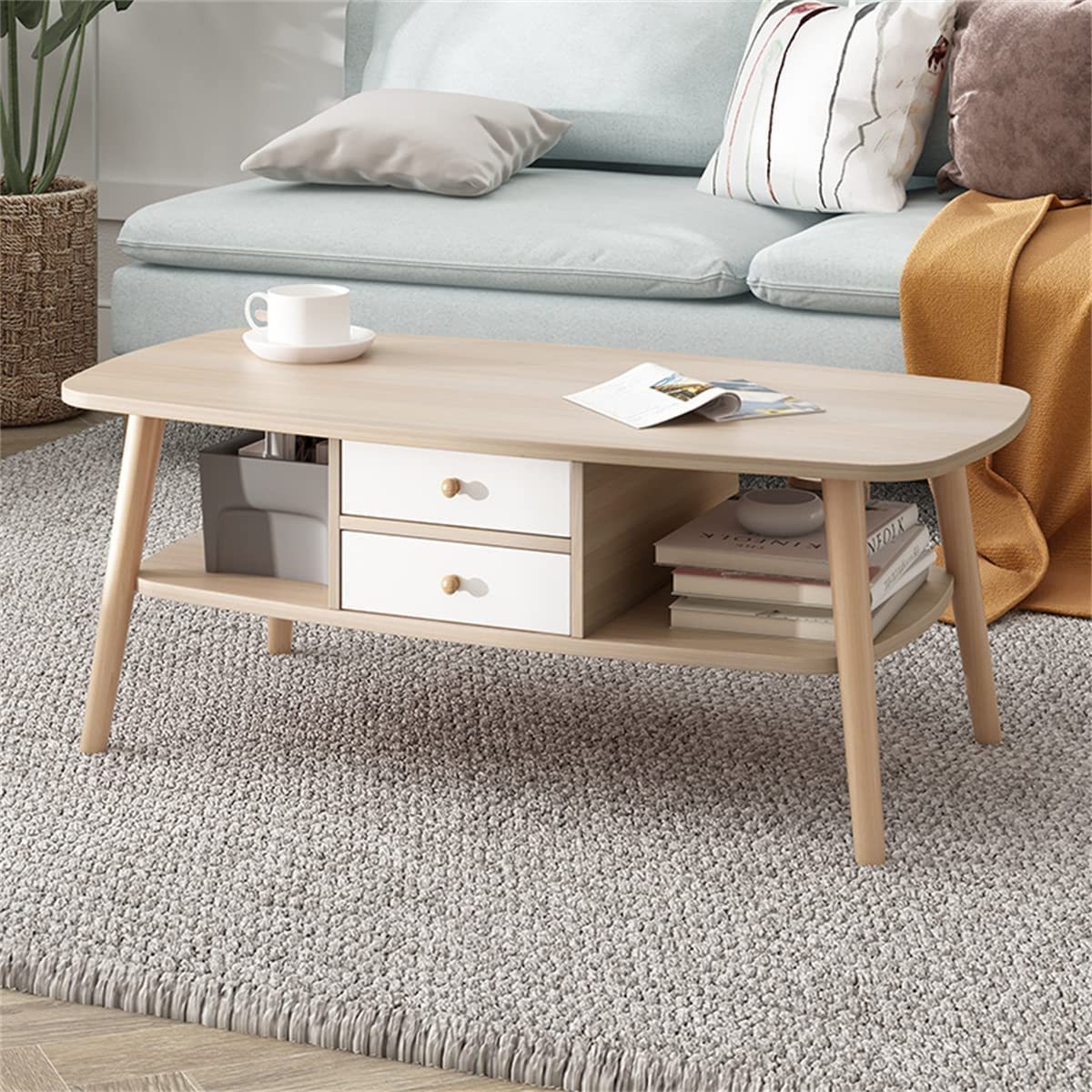 Wholesale Private label living room cabinets Modern coffee table with two drawers double level storage large capacity