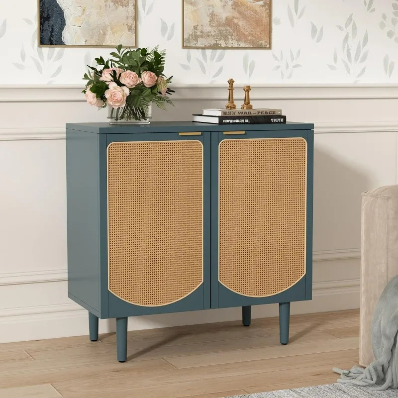 Sideboard Buffet Cabinet with 2 Rattan Doors, Accent Storage Cabinet with Shelf, Boho Rattan Credenza