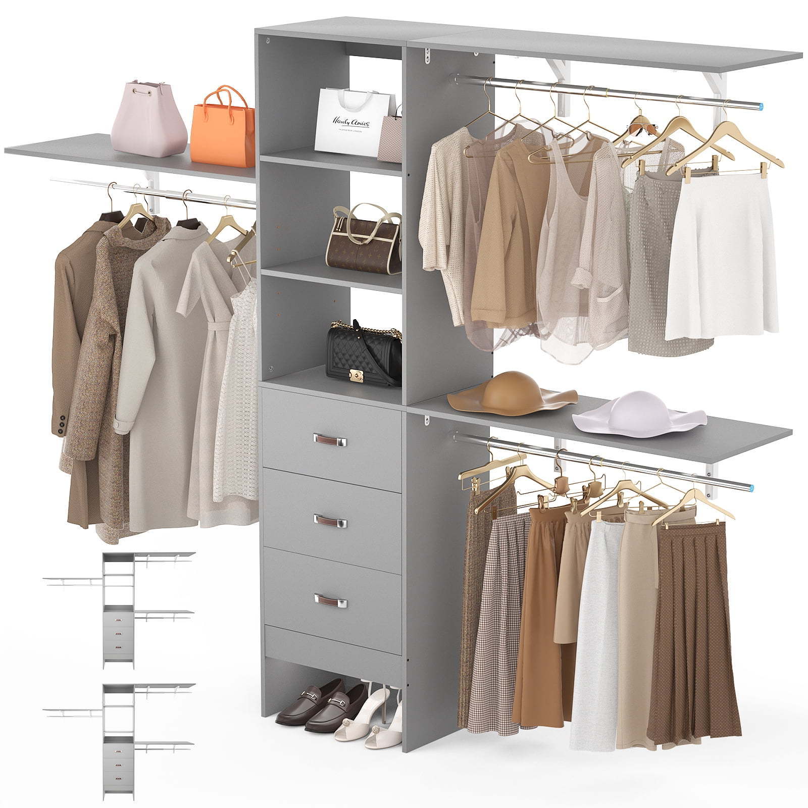 Closet Organizer Closet System Large Garment Rack with Shelves Expandable Hanging Rod and Drawers