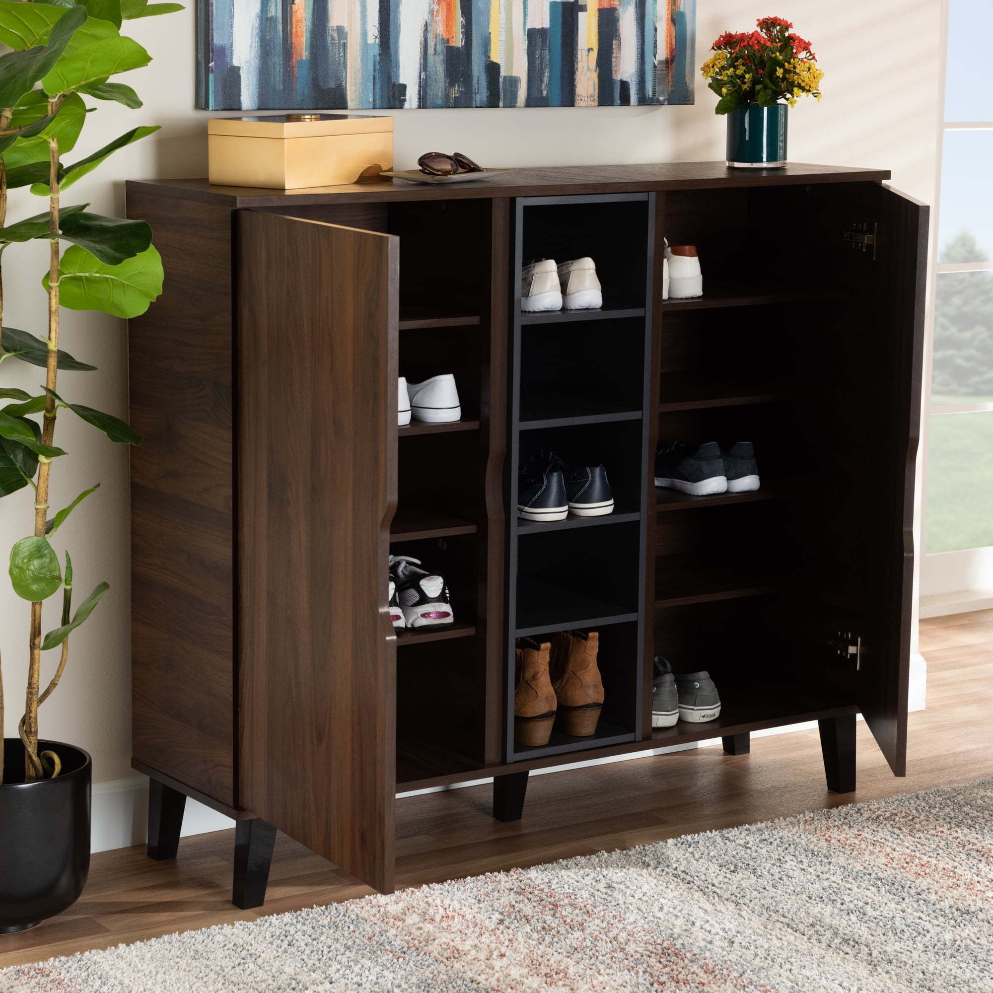 Mid-Century Modern Two-Tone Walnut Brown and Grey Finished Wood 2-Door Shoe Cabinet