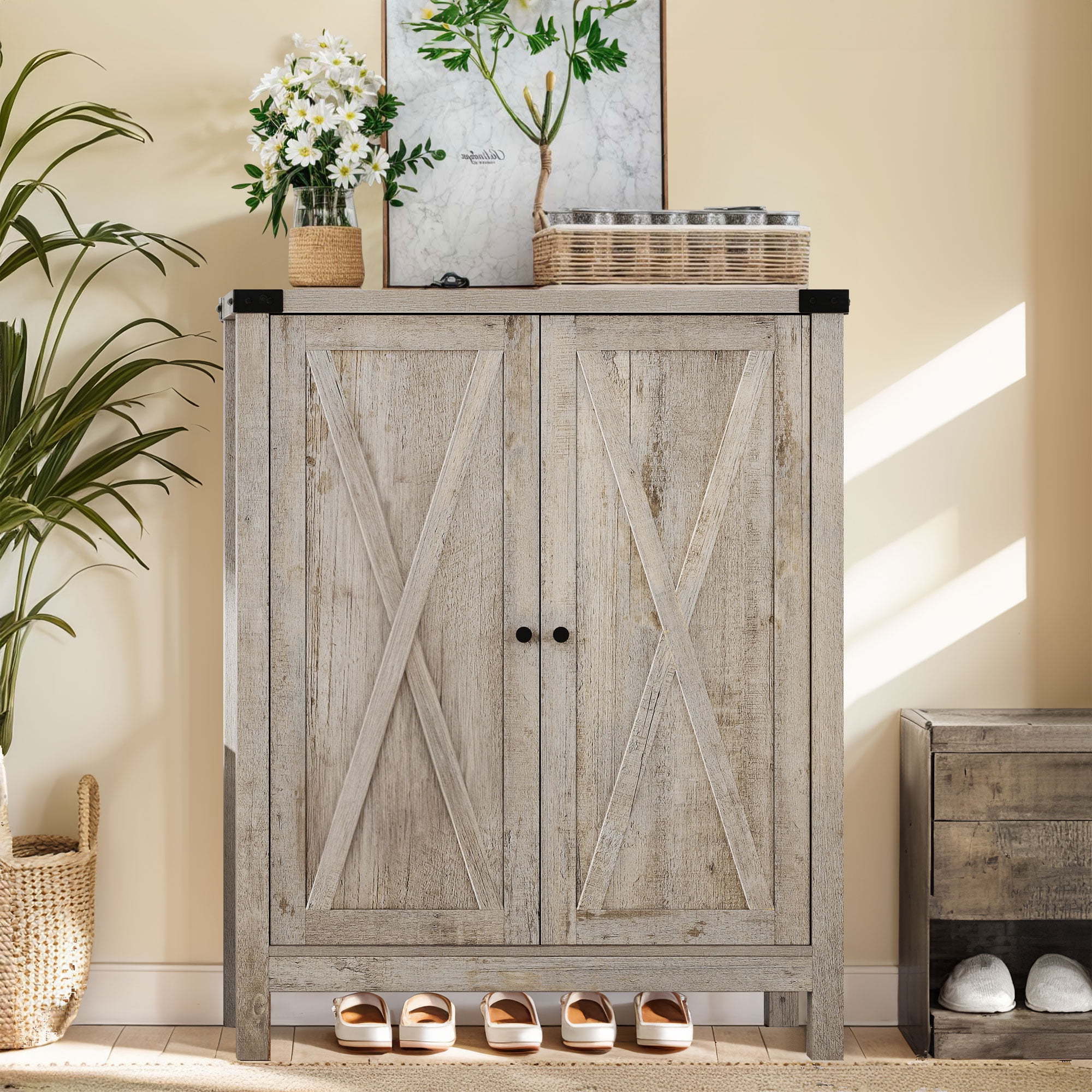 Farmhouse Shoe Cabinet with Barn Doors, 5-Tier Wood Shoe Storage Rack Organizer for Entryway/Hallway/Closet, Old Oak