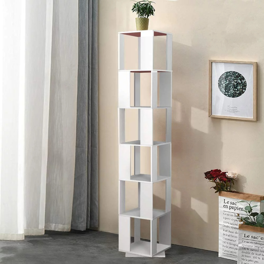 White Bookshelves 6 Tier Bookcase 360 Rotating Bookshelves Open Storage Free Standing Revolving Bookcase Swivel Bookshelf