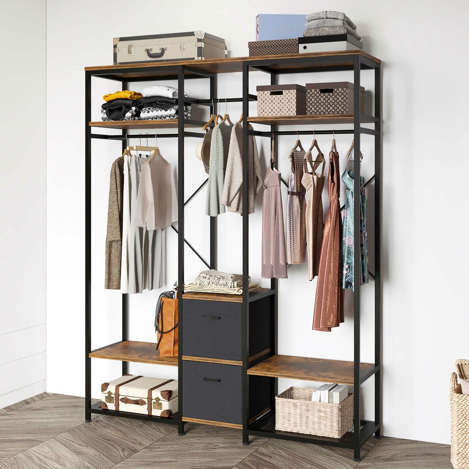 Clothing Rack Heavy Duty Garment Rack Freestanding Closet Storage Organizer Metal Wardrobe with Drawers Hanger Shelves wooden