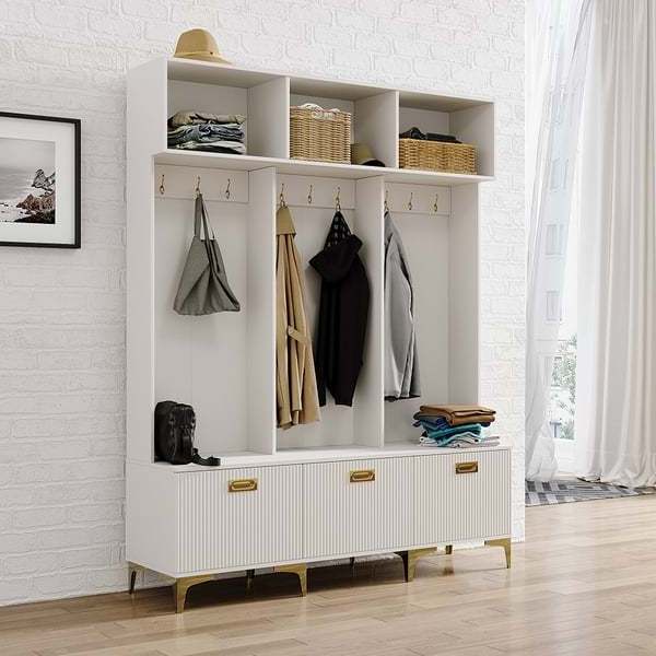 Hall Tree with Bench White Shoe Storage with 9 Hooks & 3 Doors & Open Storage