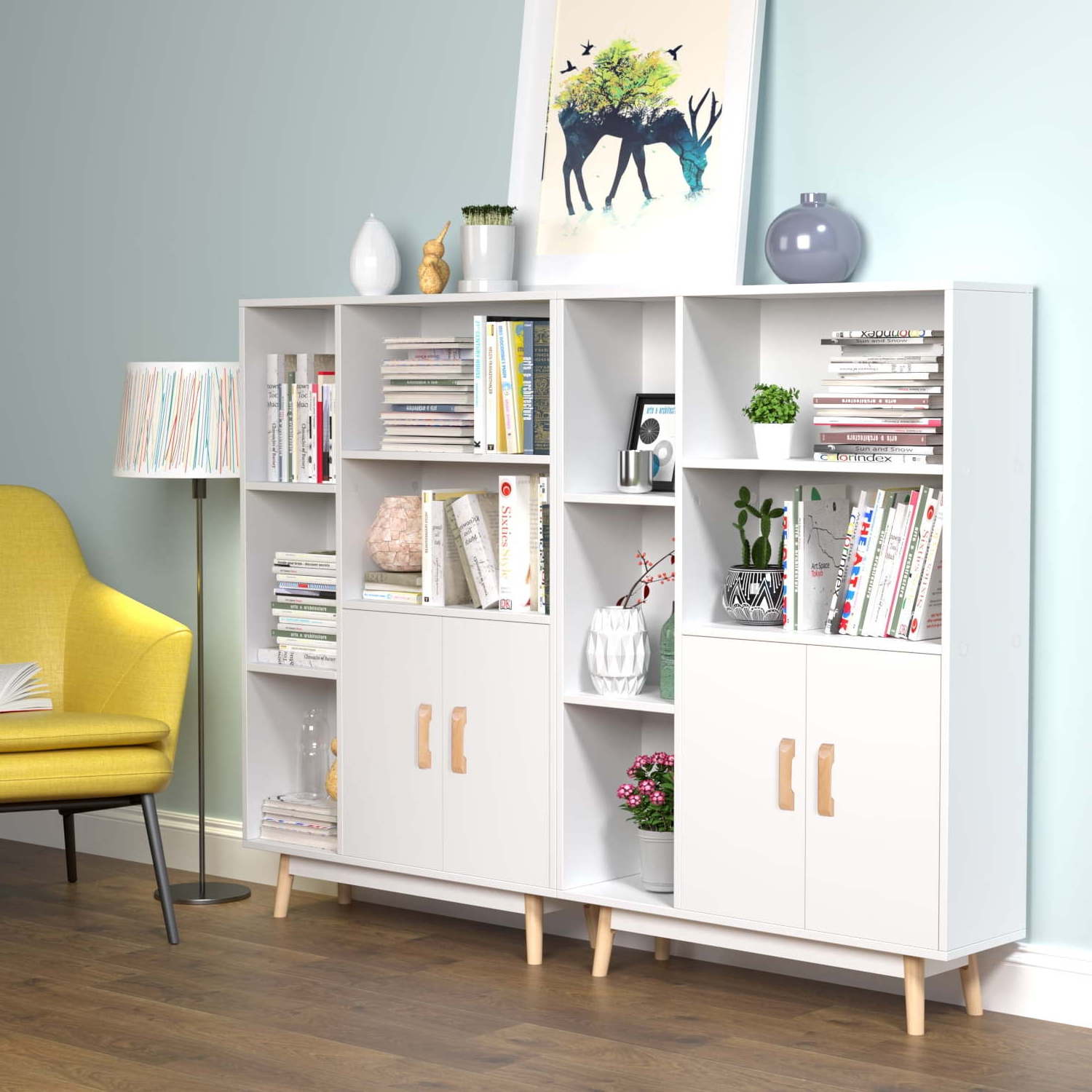 5 Cube Bookcase with Door Open Shelves Free Standing Storage Cabinet with Solid Legs