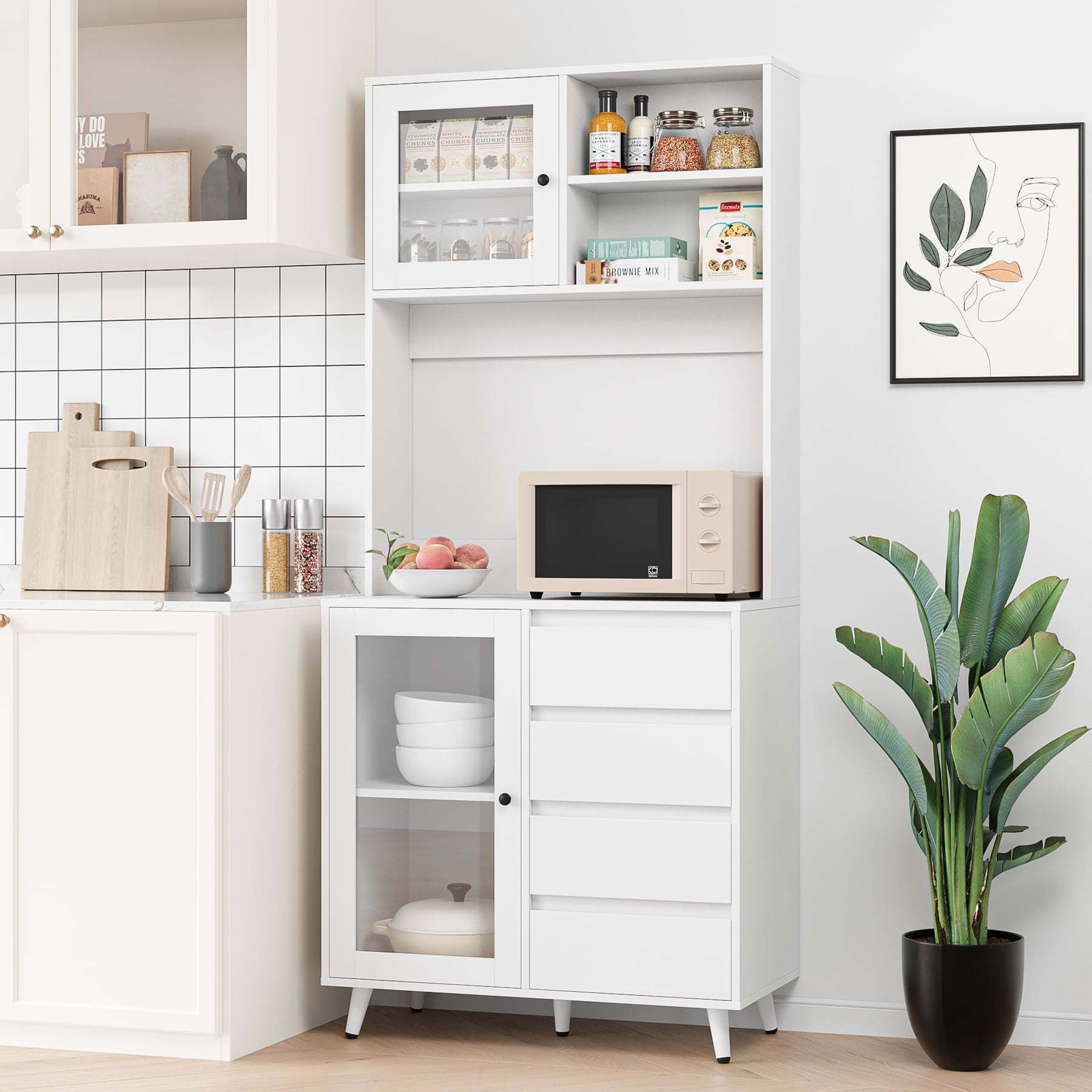 Kitchen Pantry Cabinet with Tempered Glass Doors, Large Countertop Microwave Storage Cabinet with 2 Adjustable Shelves