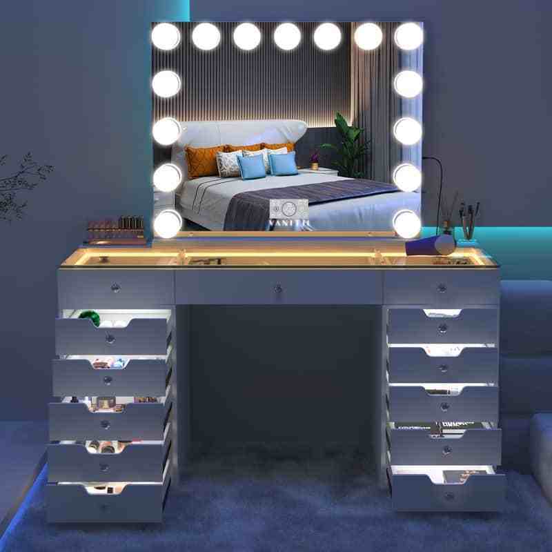 Modern Bedroom Furniture LED Light Makeup Vanity Desk Dresser 13 Drawer Transparent Desktop Vanity Table with Charging Station