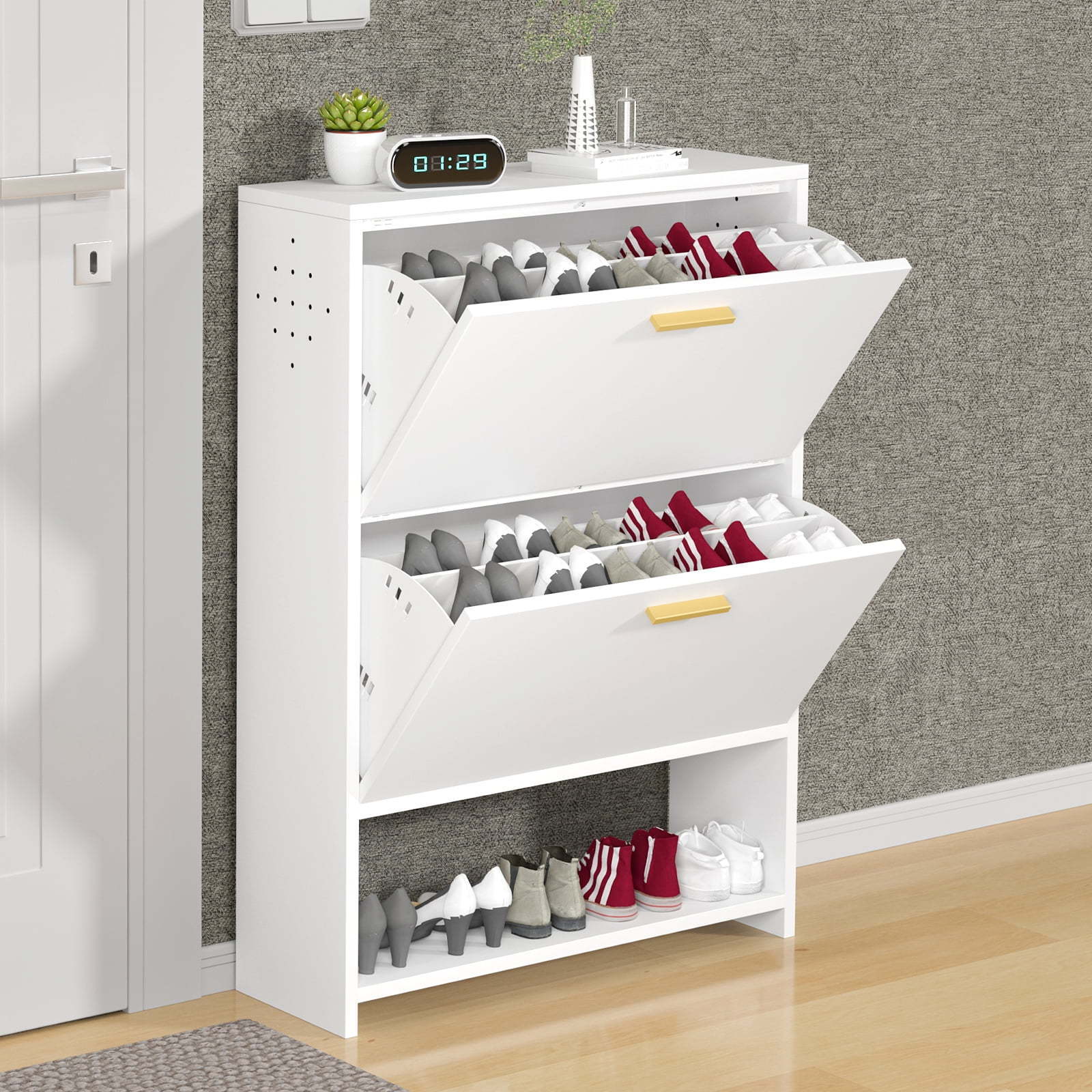 Metal Shoe Cabinet for Entryway, White Modern Slim Shoe Storage Cabinet with 3 Flip Drawers