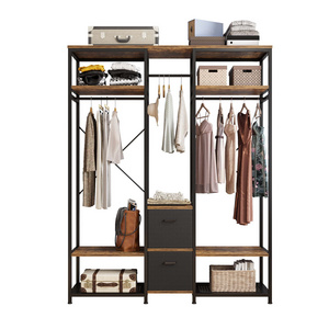 Clothing Rack Heavy Duty Garment Rack Freestanding Closet Storage Organizer Metal Wardrobe with Drawers Hanger Shelves wooden