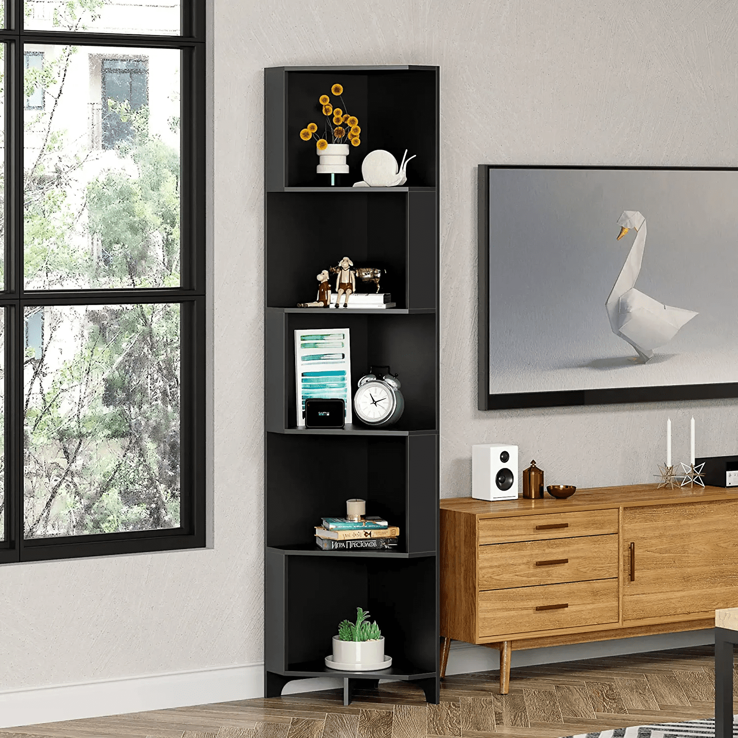 5 Tier Corner Bookshelf, Small Corner Bookcase Cabinet Slim Corner Shelves Tall Narrow Storage Display Rack for Living Room