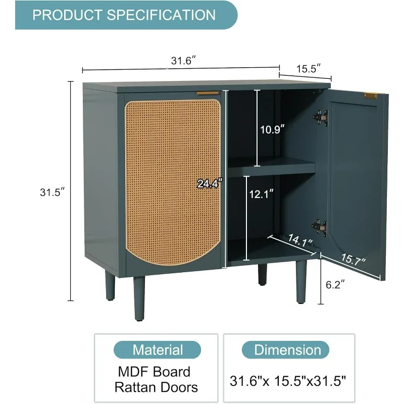 Sideboard Buffet Cabinet with 2 Rattan Doors, Accent Storage Cabinet with Shelf, Boho Rattan Credenza
