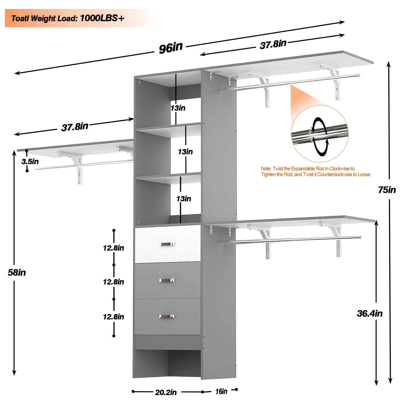 Closet Organizer Closet System Large Garment Rack with Shelves Expandable Hanging Rod and Drawers