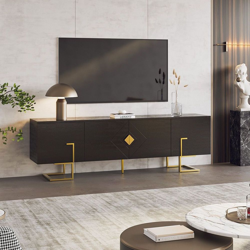 Modern TV Stand with 4 Cabinets, 78 inch,Black,Gold Legs