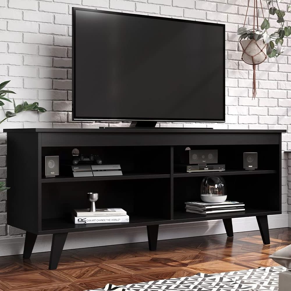 Wholesale European-style TV cabinet with 4 shelves and cable arrangement, TV desk unit for TVS up to 55 inches, open storage