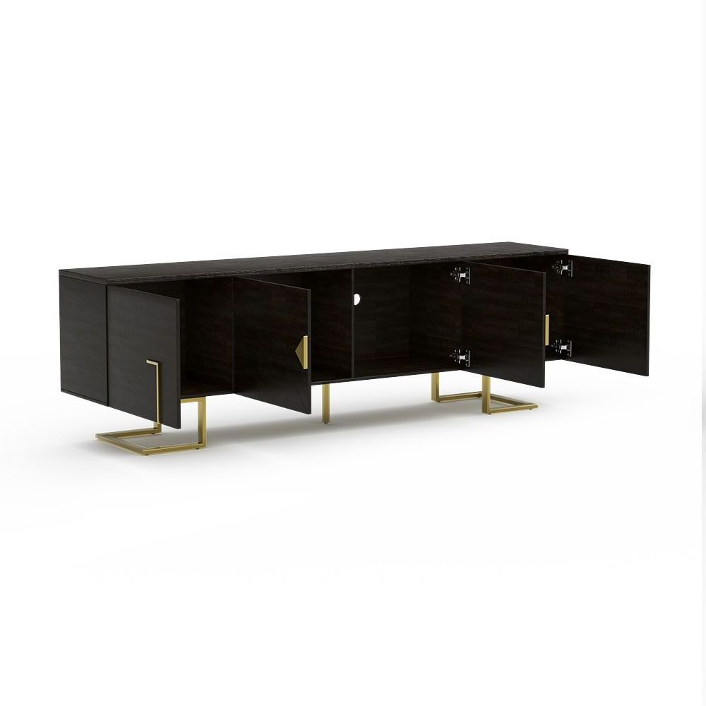 Modern TV Stand with 4 Cabinets, 78 inch,Black,Gold Legs