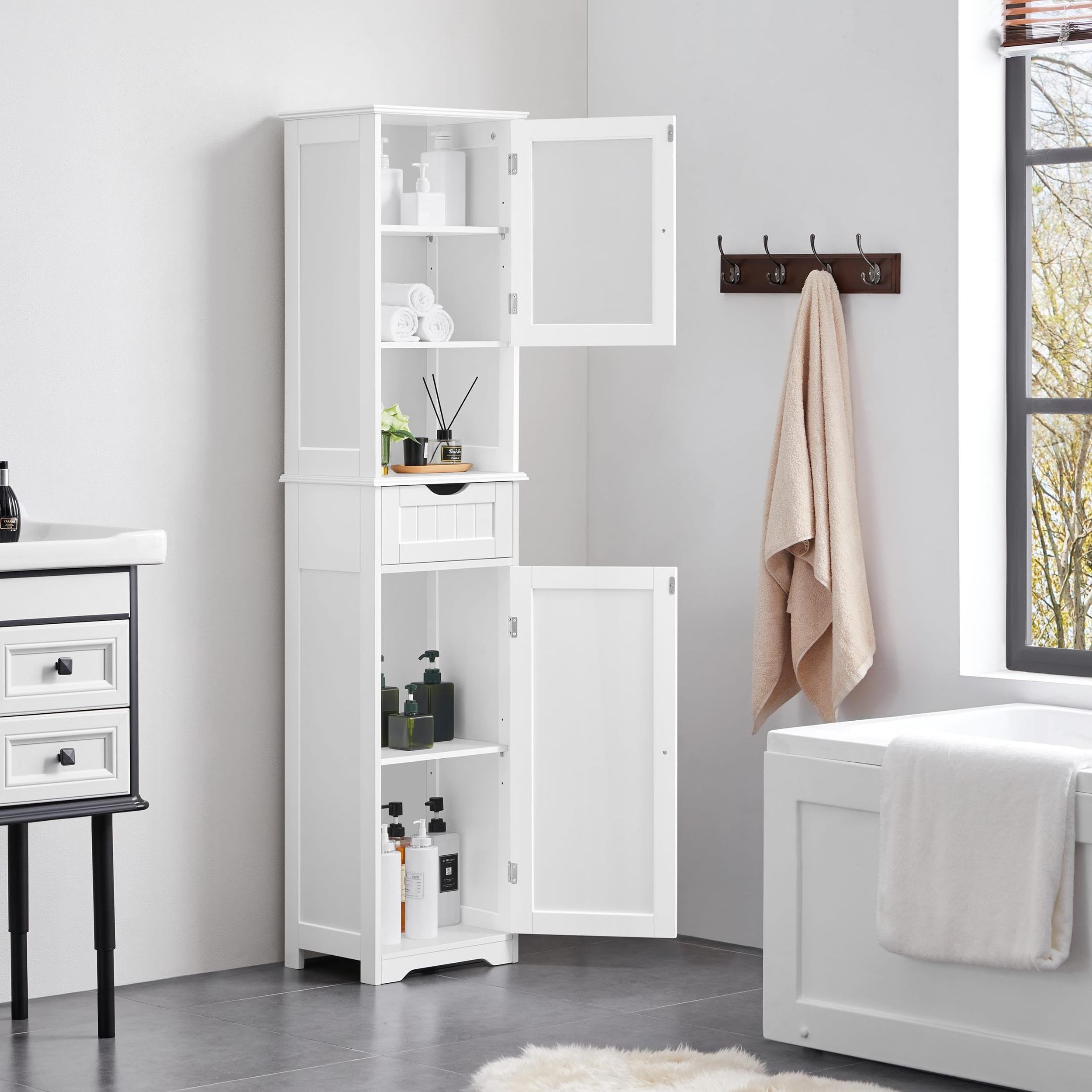 Wholesale New Products  Bathroom Storage Cabinet,Wooden floor cabinet with glass door, free-standing storage organizer