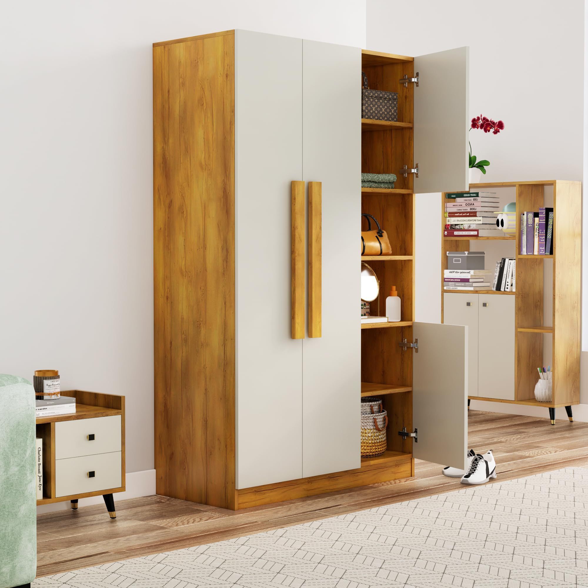 Versatile Space-Saving Bedroom Furniture Set Wooden Armoire 4 Door Wardrobe with Hanging Space 2 Open Shelves