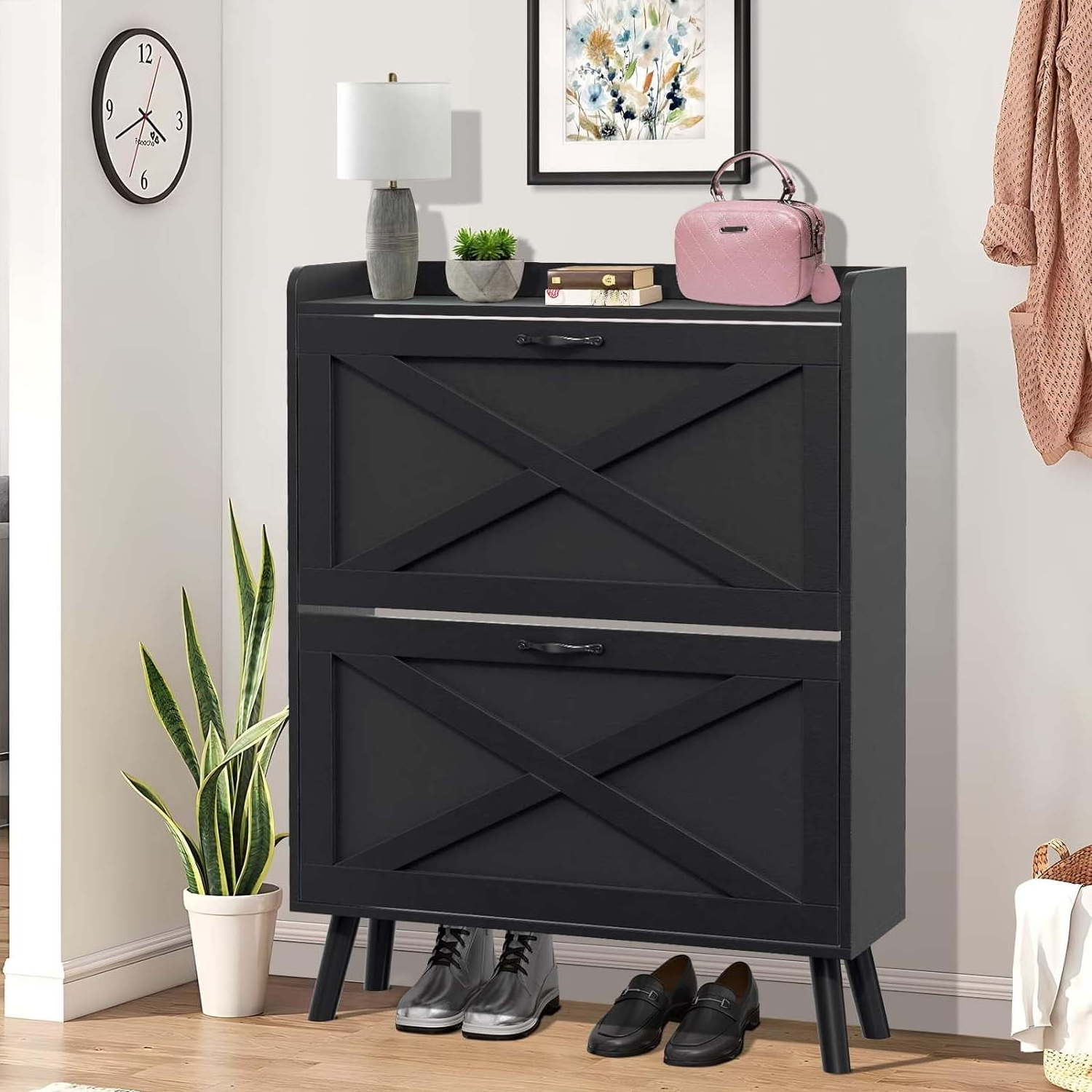 Shoe Storage Cabinet with 2 Flip Drawers Freestanding Shoe Rack Organizer for Entryway, Black