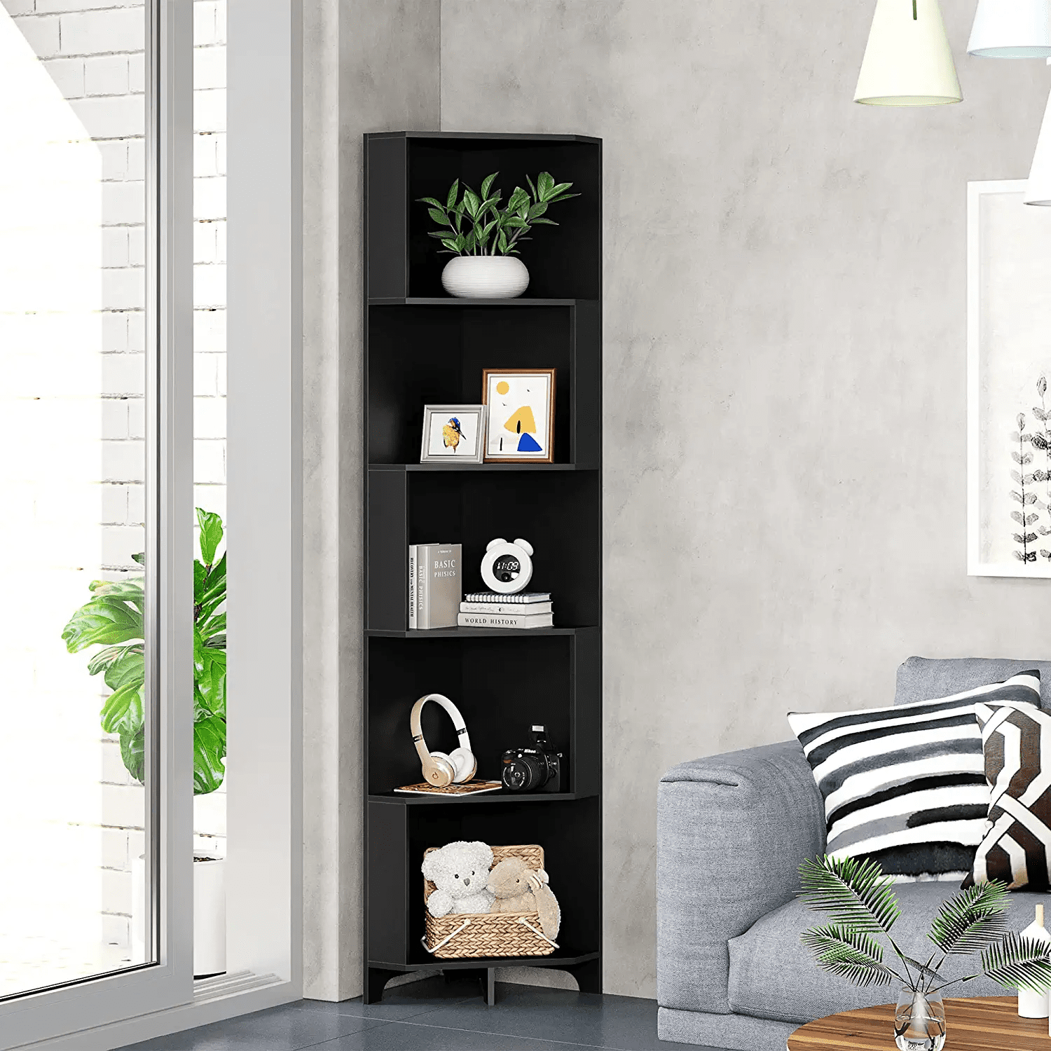 5 Tier Corner Bookshelf, Small Corner Bookcase Cabinet Slim Corner Shelves Tall Narrow Storage Display Rack for Living Room