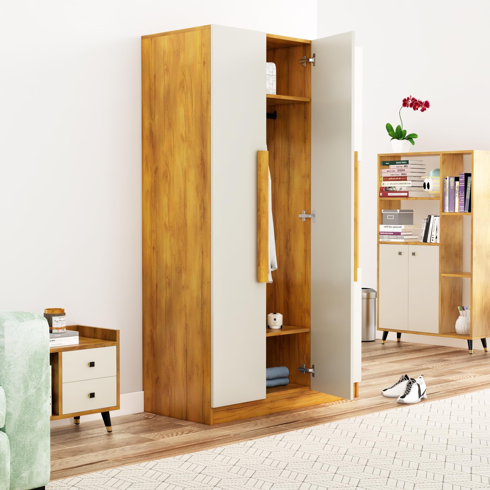 Versatile Space-Saving Bedroom Furniture Set Wooden Armoire 4 Door Wardrobe with Hanging Space 2 Open Shelves