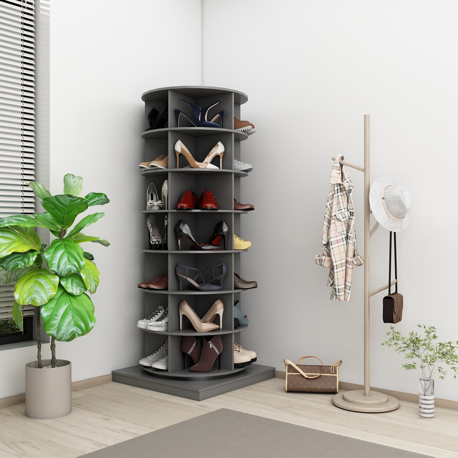 Multifunctional Gray Wooden 360 Rotating Shoe Cabinet Strong and High Quality Rotating Shoe Rack Tower Home Furniture Carton