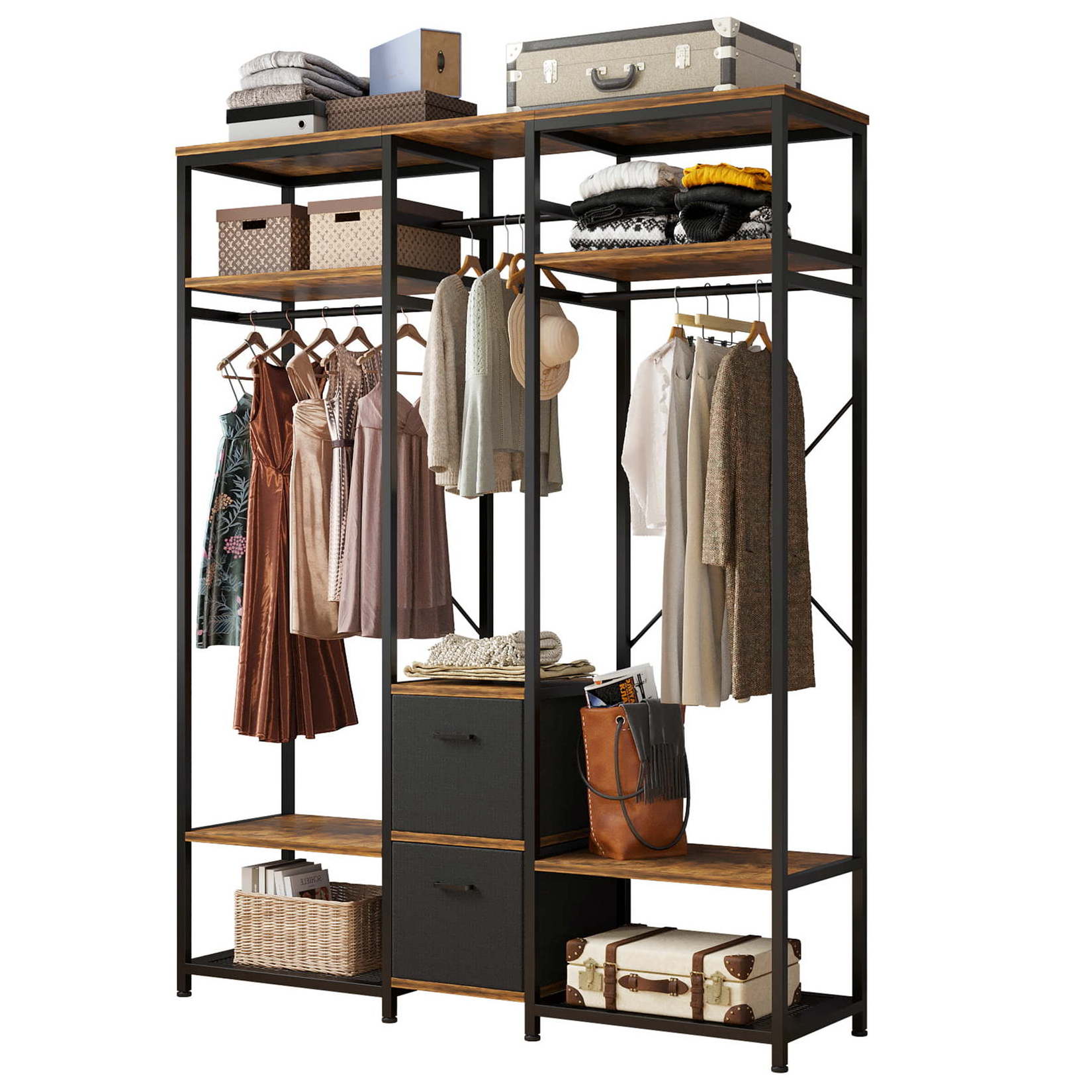 Clothing Rack Heavy Duty Garment Rack Freestanding Closet Storage Organizer Metal Wardrobe with Drawers Hanger Shelves wooden