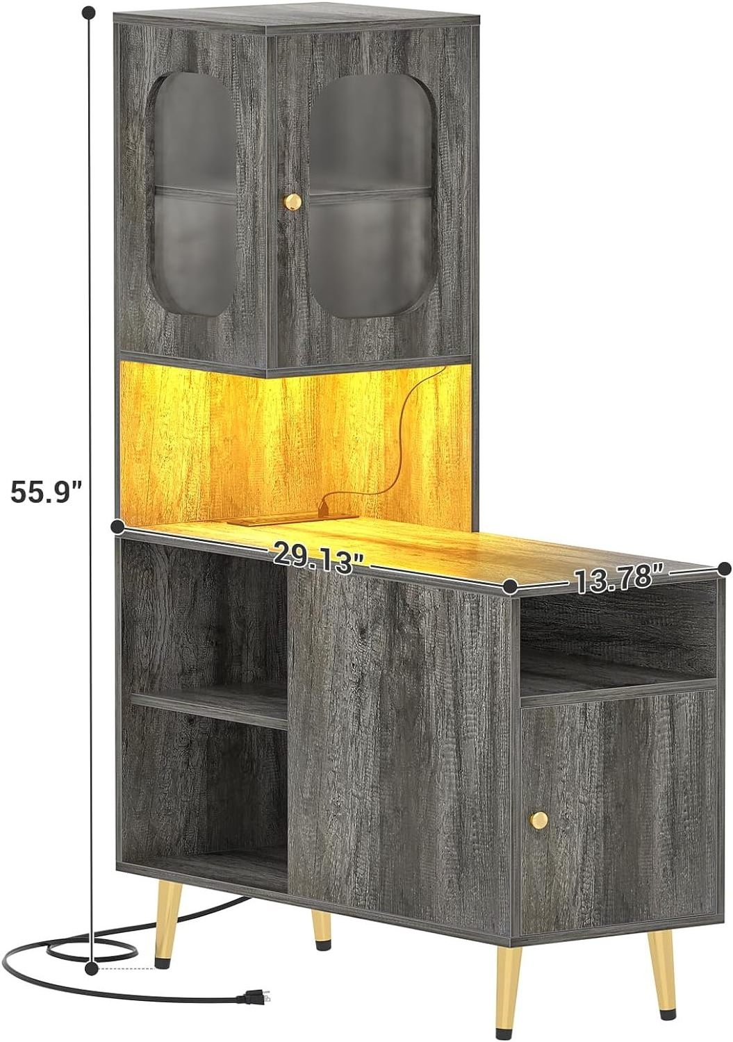 Newly designed living room furniture, gray oak corner storage cabinet with door, and dining cabinet with LED lights