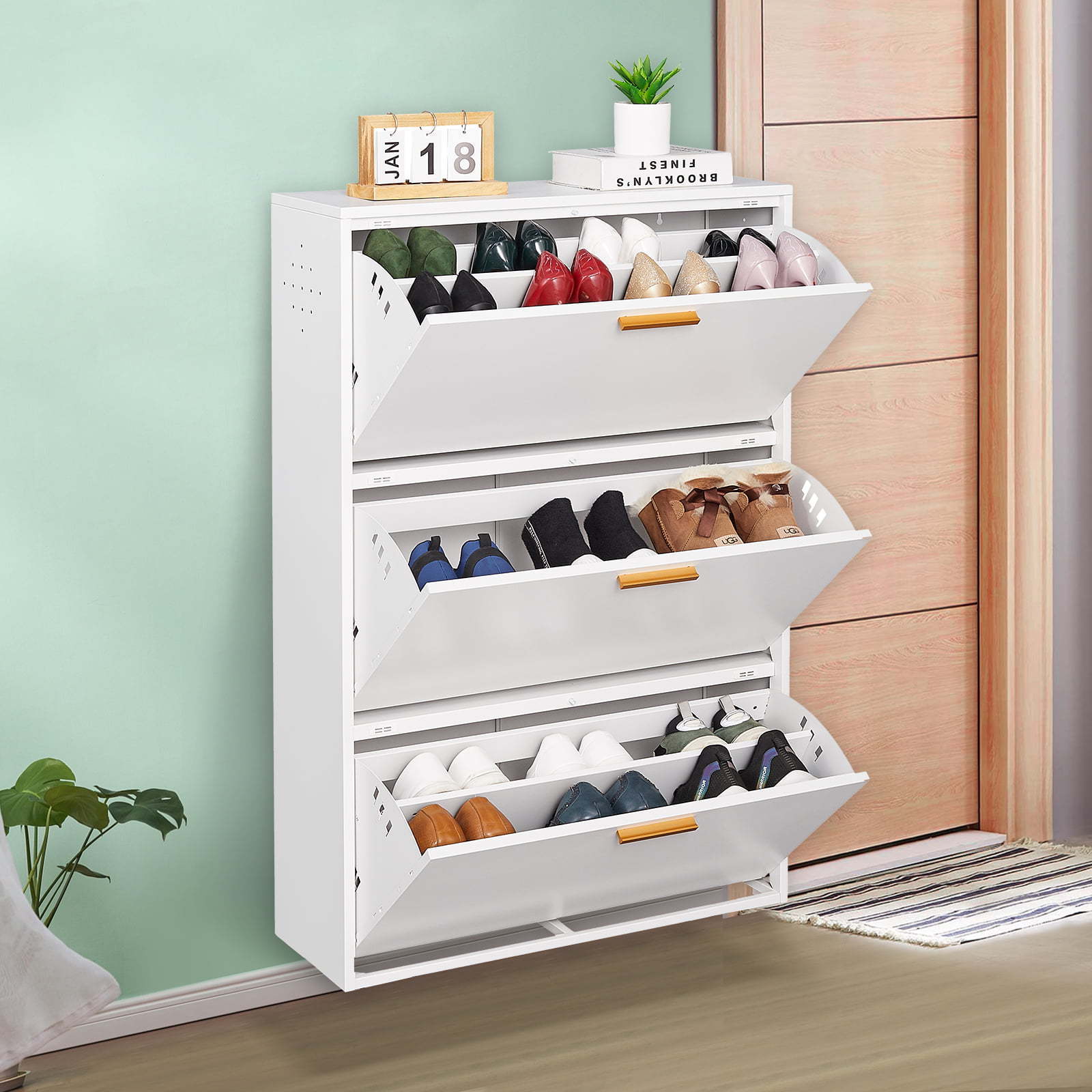 Metal Shoe Cabinet for Entryway, White Modern Slim Shoe Storage Cabinet with 3 Flip Drawers