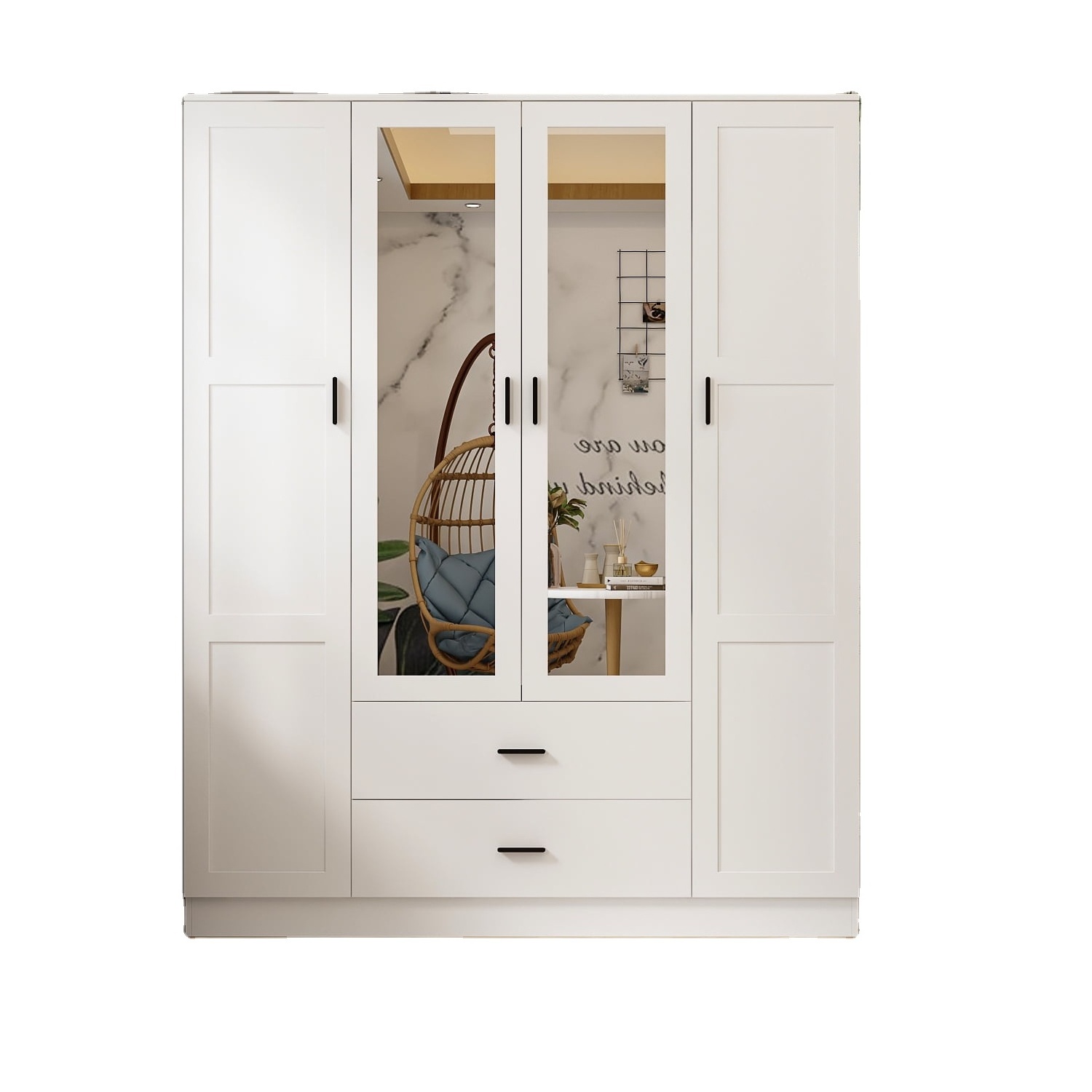 White Wardrobe with Mirror, 4 Door Large Closet Cabinet with Hanging Rod and Drawers for Bedroom