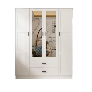 White Wardrobe with Mirror, 4 Door Large Closet Cabinet with Hanging Rod and Drawers for Bedroom