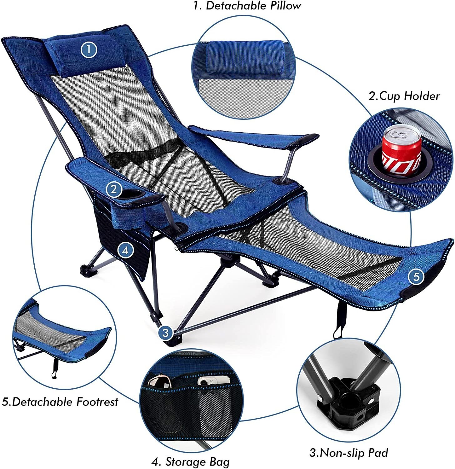 Kingpool Lightweight Aluminium Beach Recliner Camping Lounge Chairs Portable Compact Outdoor Picnic Folding Fishing Chair