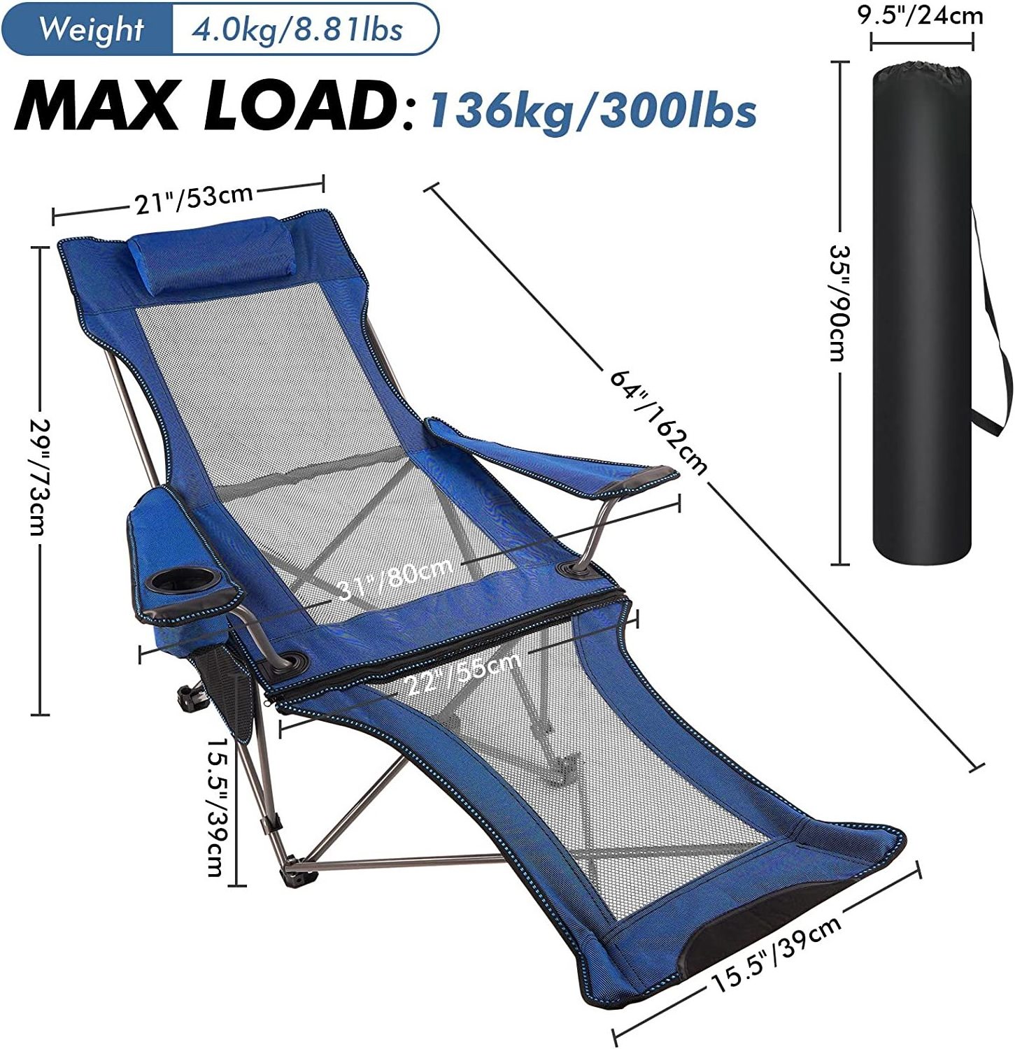 Kingpool Lightweight Aluminium Beach Recliner Camping Lounge Chairs Portable Compact Outdoor Picnic Folding Fishing Chair