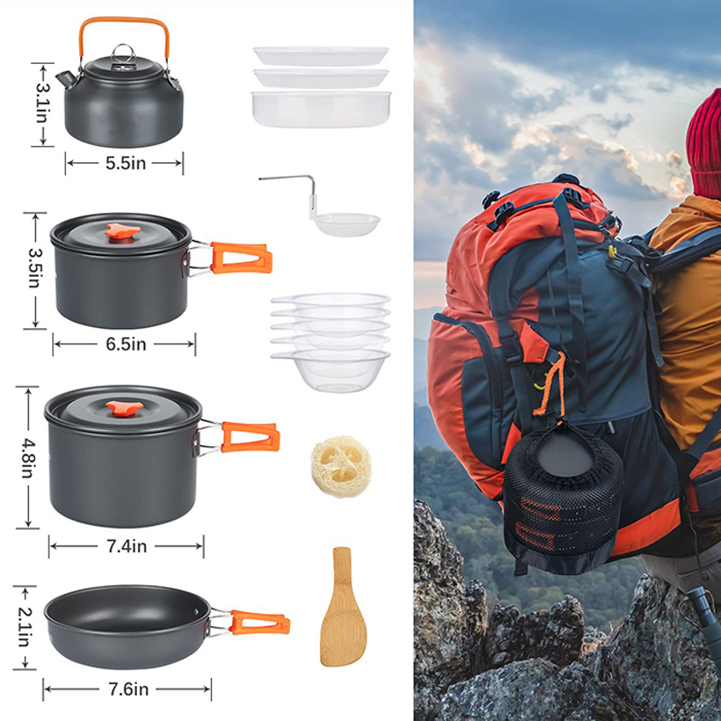 Alocs Portable Hiking Backpacking Aluminum Camping Cookware Set Outdoor Travel Pots Pans Kettle Mess Kit with Accessories