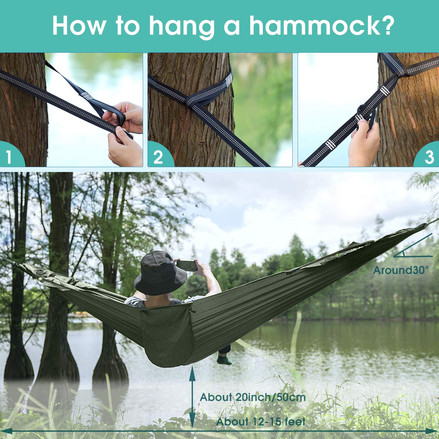 Alocs Outdoor Camping Hammock with Mosquito Net 2 Person Pop-up Parachute Lightweight Hanging Hammocks Tree Straps Swing Hammock