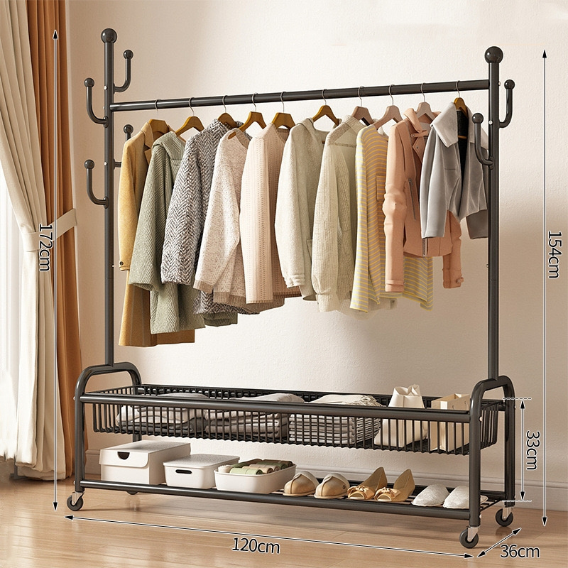 Movable clothes rack with wheel Household clothes bag rack Cream bedroom cactus coat and hat rack