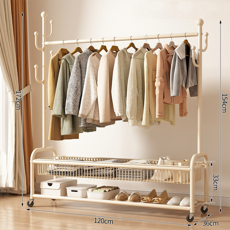 Movable clothes rack with wheel Household clothes bag rack Cream bedroom cactus coat and hat rack