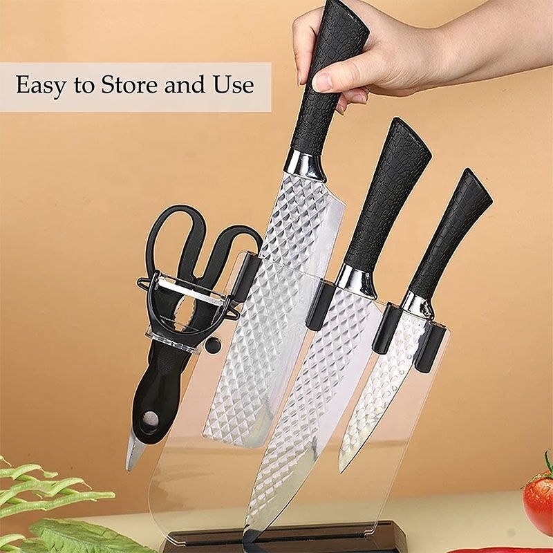 7pcs stainless steel diamond texture embossed non-stick chef knives black kitchen knife set with cutting board and acrylic stand