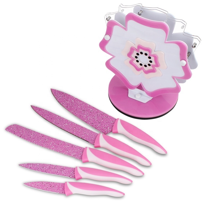 6 pcs grace royalty line non stick knife set stainless steel pink marble kitchen knives set with cartoon flower acrylic block